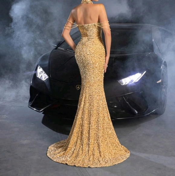 Chain Detail Split Thigh Mermaid Hem Sequin Wedding Dress,Wedding Event Dress - Picture 2 of 4